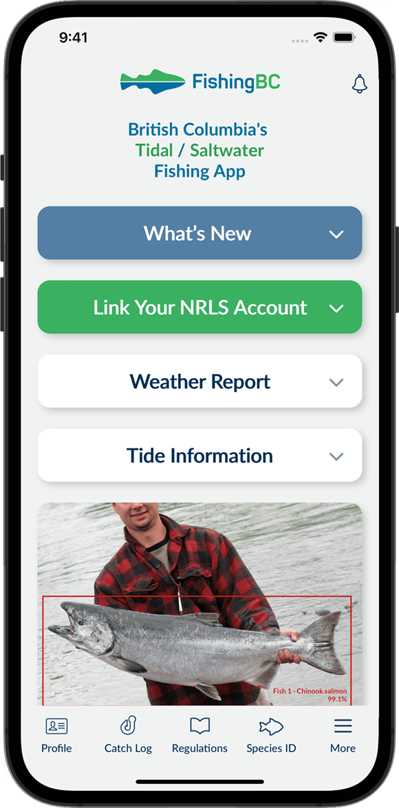 Screenshot of the FishingBC App's home screen