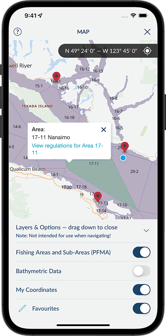 Screenshot of the FishingBC App showing the interactive map and its features