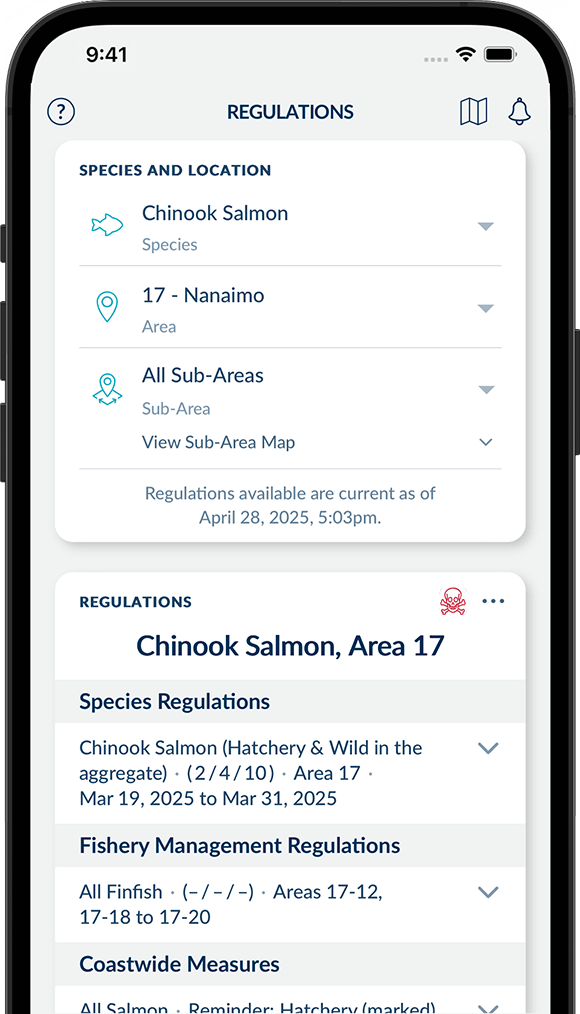 Screenshot of the FishingBC App showing species regulations