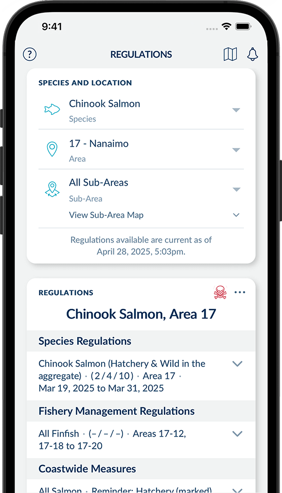 Screenshot of the FishingBC App showing species regulations screen