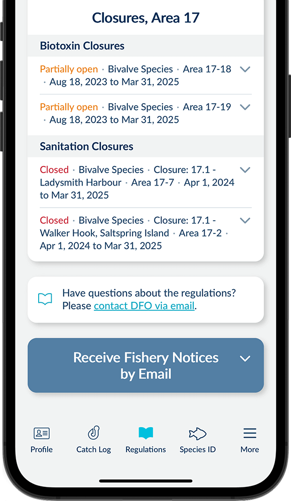 Screenshot of the FishingBC App showing closures
