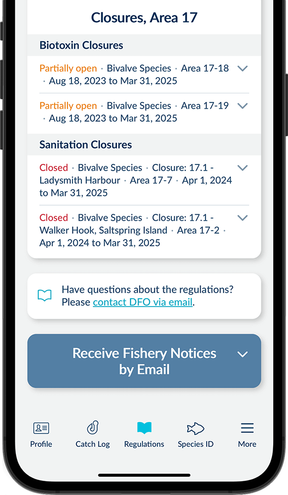 Screenshot of the FishingBC App showing species regulations screen